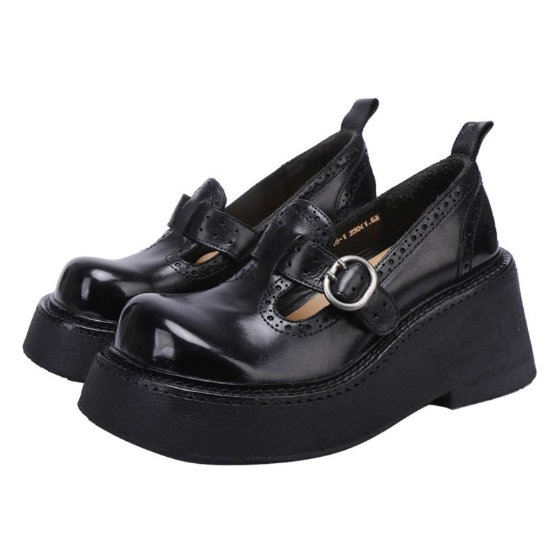 Johnature Retro Thick Soled Pumps Genuine Leather Wedges Shoes Round Toe Versatile Women's Platform Shoes