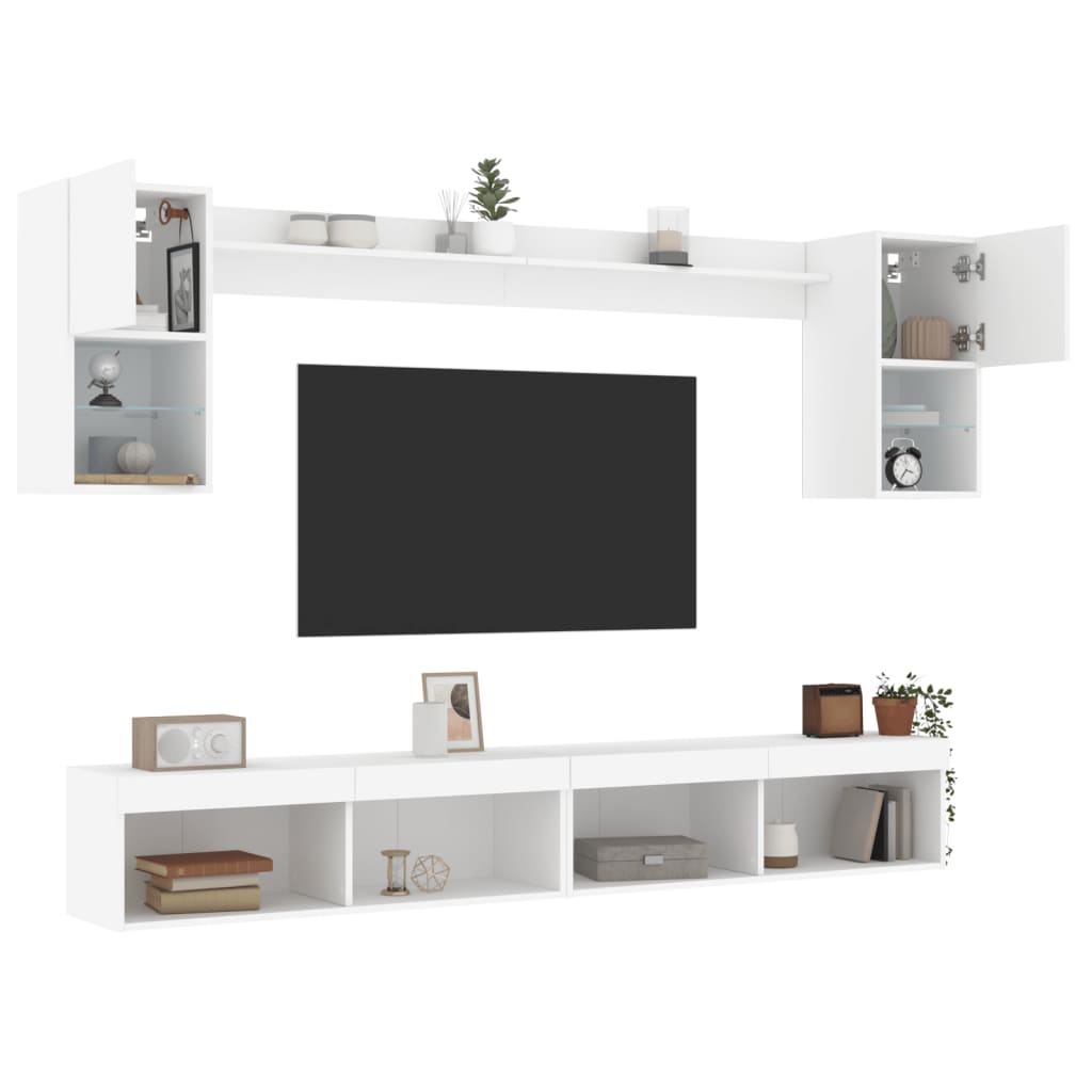 6 Piece TV Wall Unit with LED Lighting White Engineered Wood