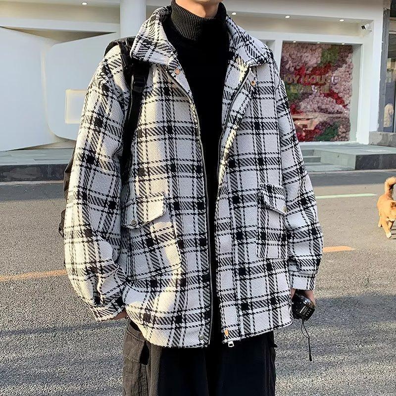 Korean Style Houndstooth Coat Men's Ins Hong Kong Style Retro Woolen Coat Lapel Work Jacket