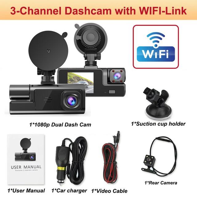 Car DVR 3 Channel Dash Cam for Cars WIFI APP Front Camera Video Recorder Rear View Camera for Vehicle Black Box Car Accessory