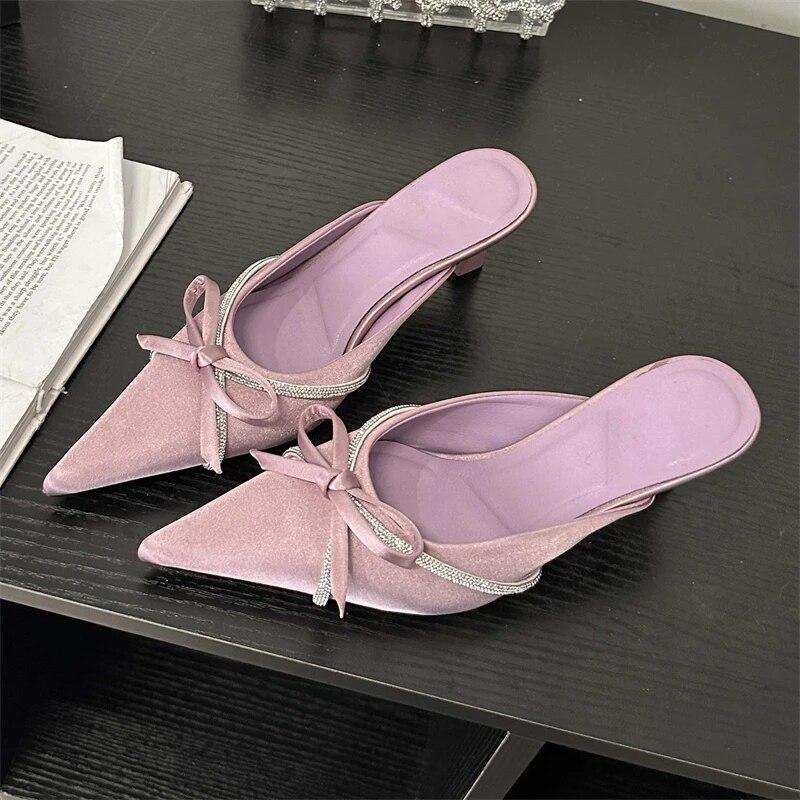 Eilyken Butterfly-knot Woman Slippers Pumps Design Style Low Heels Ladies Pointed Toe Shoes Mules Crystal Slides