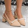 Novedad Primavera Verano Estilo Francés Tacones Altos de Una Tira con Perlas, Sandalias de Punta Cerrada para Mujer, Zapatos de Tacón Grueso Negros