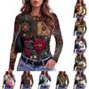 Women's Slim Fit Long Sleeve T-Shirt Vintage Print Round Neck Casual Top for Everyday Wear