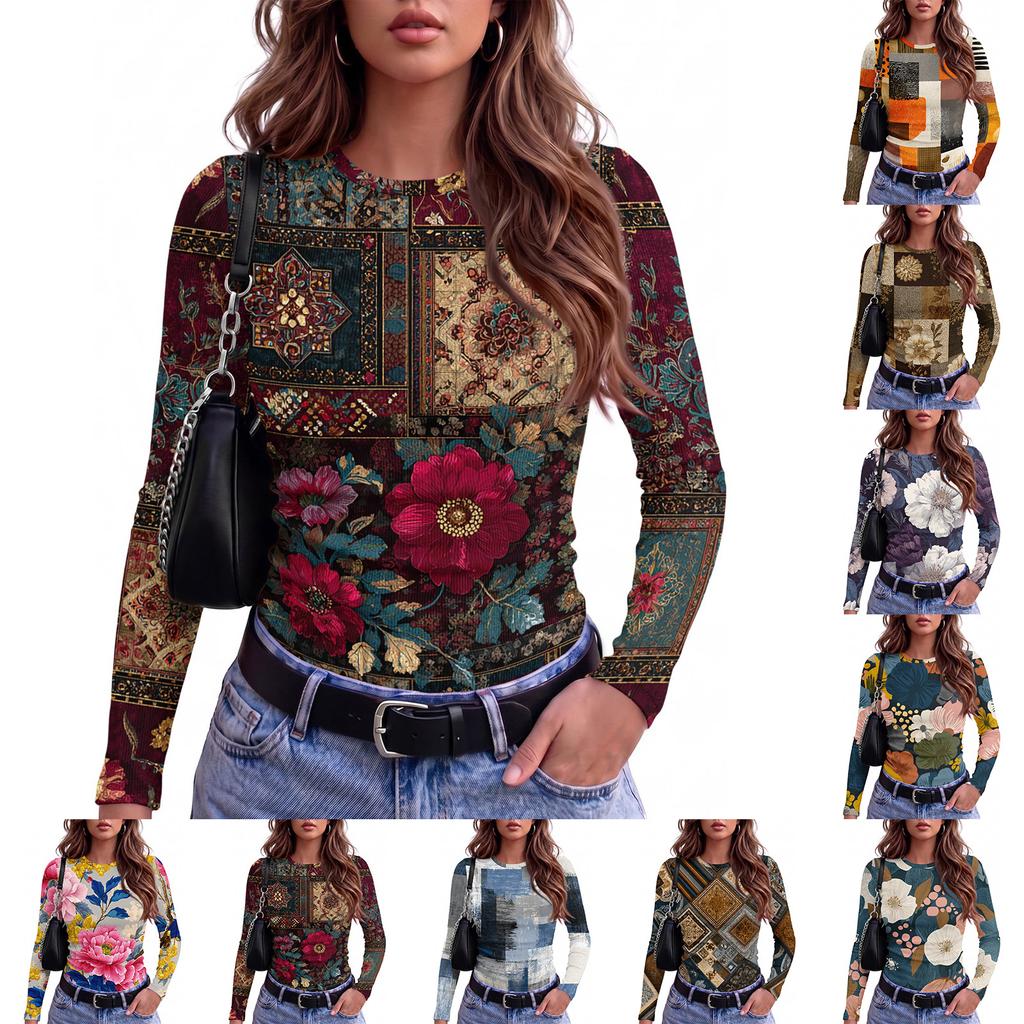 Women's Slim Fit Long Sleeve T-Shirt Vintage Print Round Neck Casual Top for Everyday Wear