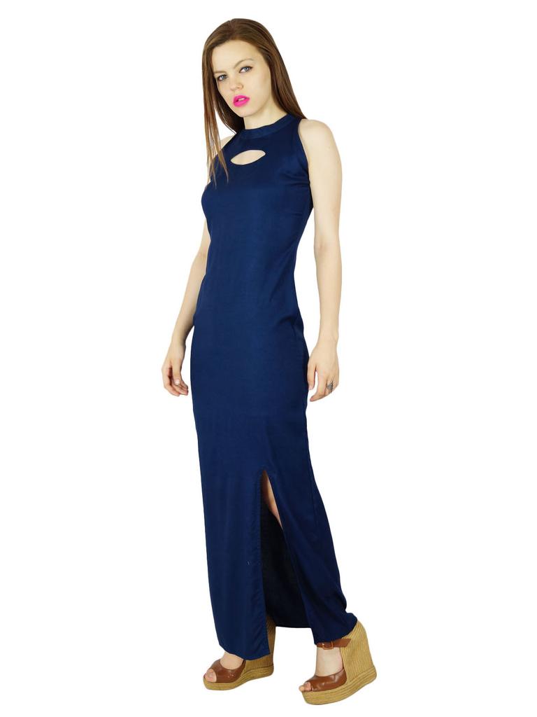 Bimba Women Long Maxi Dress With Side Slit Keyhole Neck Sleeveless Gown