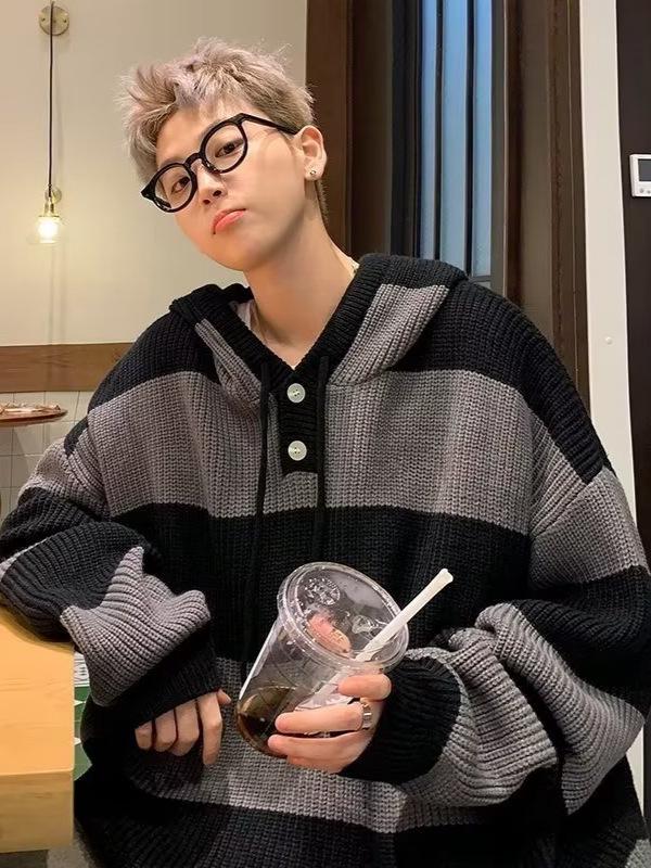 Men s Retro Color Block Hooded Pullover Sweater - College Style Loose Knitwear M