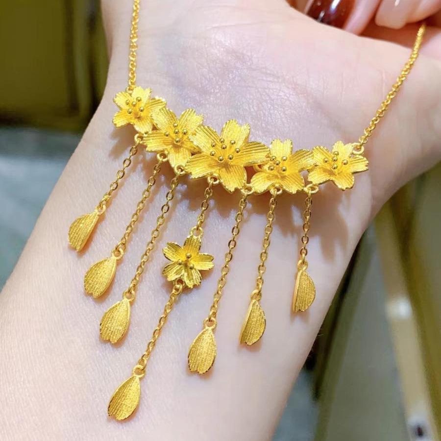 Golden Floral Tassel Clavicle Necklace - Women's Elegant Chain Set
