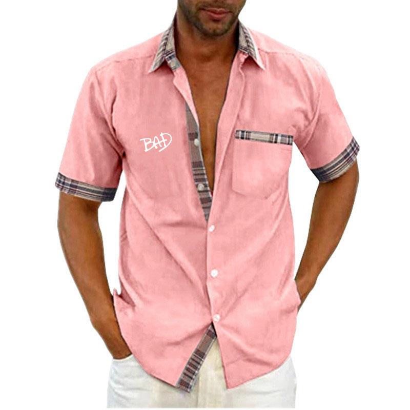 Cheap Men's Short Sleeve Casual Shirts Solid Color Letter Print Loose Casual Button Short Sleeve