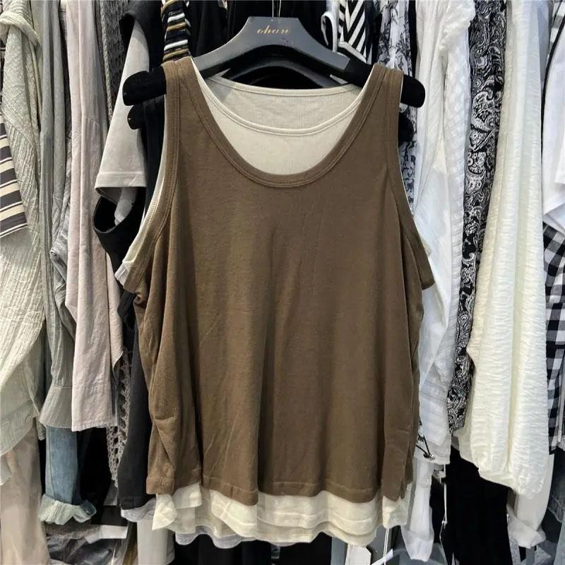 

Жилет большого размера, женская майка без рукавов, винтажный свободный поддельный двухсекционный жилет, повседневный жилет с V-образным вырезом XXXL