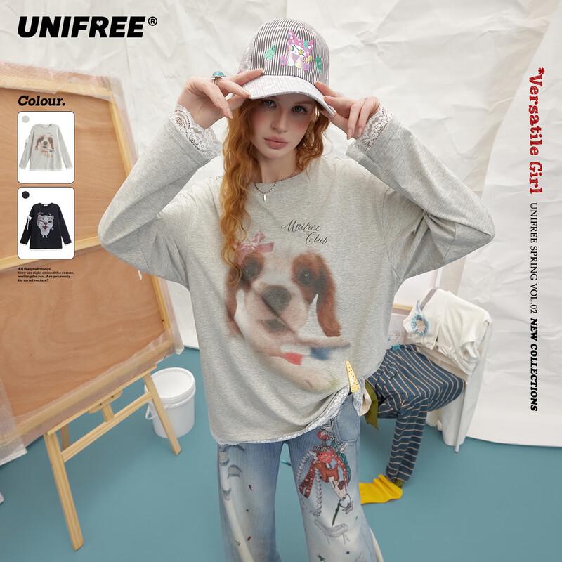 UNIFREE Cute Animal Print Lace Trim T-Shirt