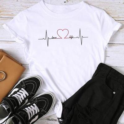 (Asian Size) Fashion Print Female Casual Women's Top Love Heart Sweet Trend Cute Casual T Clothing Graphic Tee Short Sleeve T-shirt