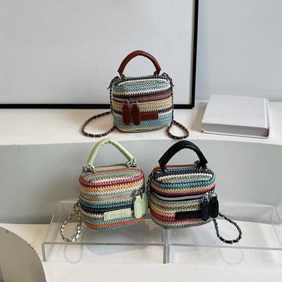 Women Straw Crossbody Bag with Chain Pouch Purse Zipper Closure Adjustable Strap Handbag for Work Travel KTY