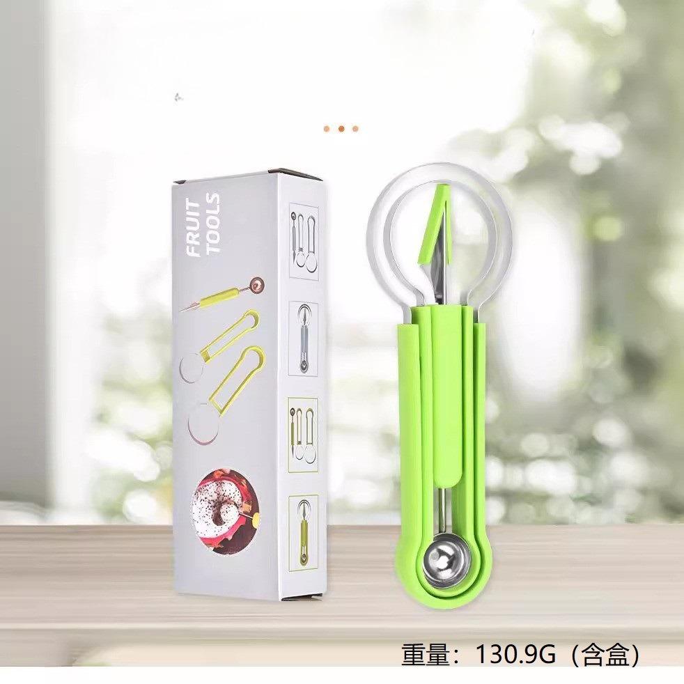 

3 в 1 Резак для фруктов Ложка Слайсер для арбуза Резак Нож для карвинга Инструмент для выемки мякоти Фруктовая тарелка Кухонные гаджеты зелёный