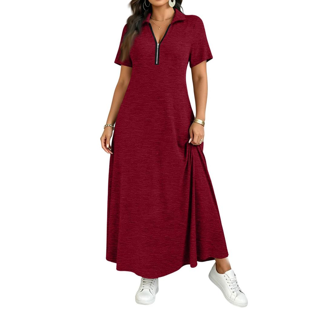 Women Short Sleeve Polo Collar Maxi Dress with Front Zipper Casual Solid Color Long Dress for Spring Summer French Style