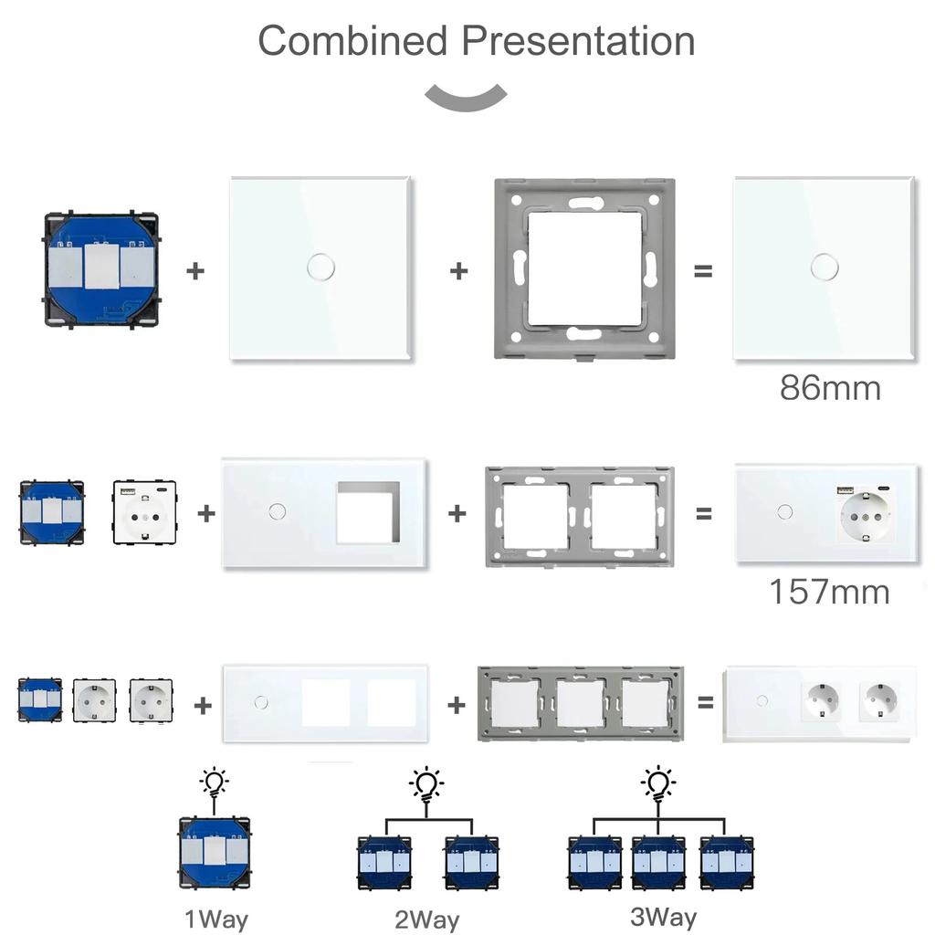 BSEED 1/2/3fach Touch-Lichtschalter 1/2/3-Wege-Funktionsteile EU-Wandsteckdose USB Typ-C Stecker Glaspanel DIY-Teil Frei kombinierbar