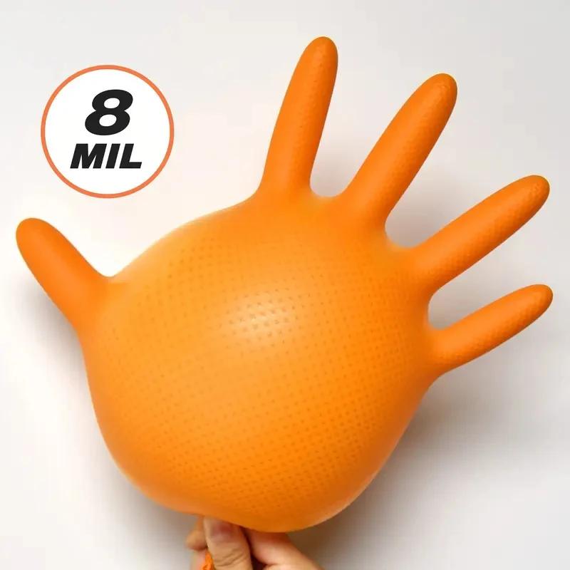 Heavy Duty Orange Nitrile Gloves 8Mil Industrial Disposable Gloves Mechanic Safety & Work Gloves with Diamond Textured Grip for
