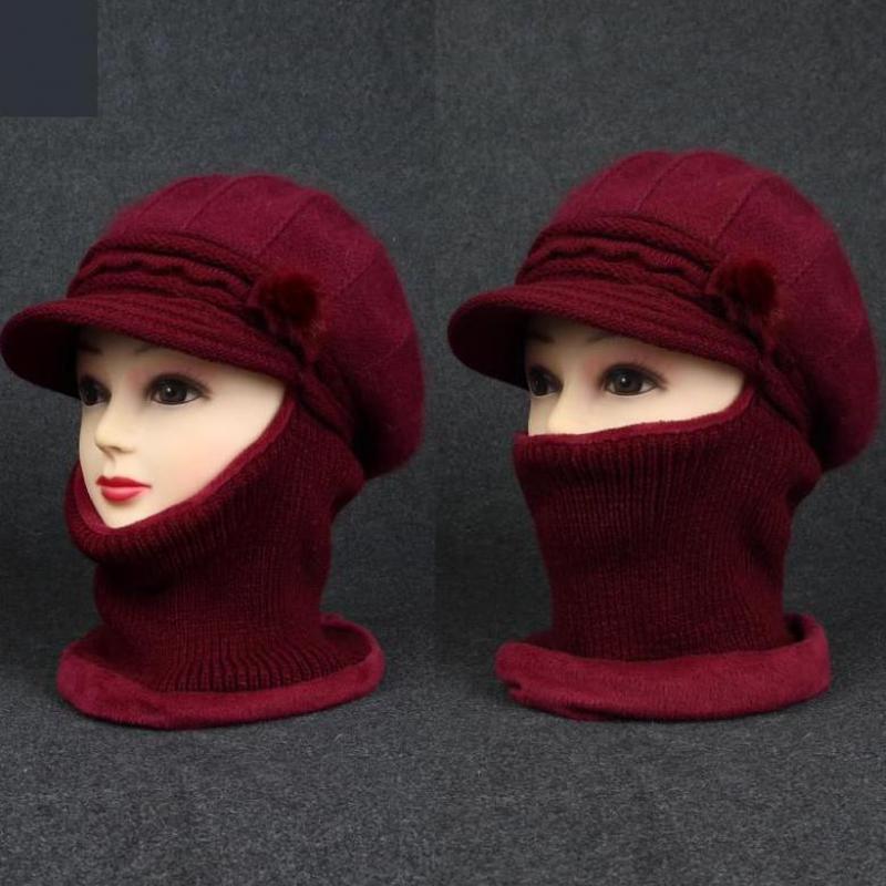 Women'S Rabbit Fur Winter Hat Scarf Combo Windproof Ear Protection For Mothers Thickened Knitted Beanie For Outdoor Riding Gift