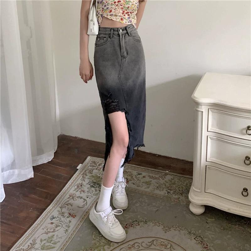 Revet Ujevn Denimskjørt for Kvinner Retro Sliss Midilengde Skjørt Høy Midje Stor Størrelse Dameklær Street Style