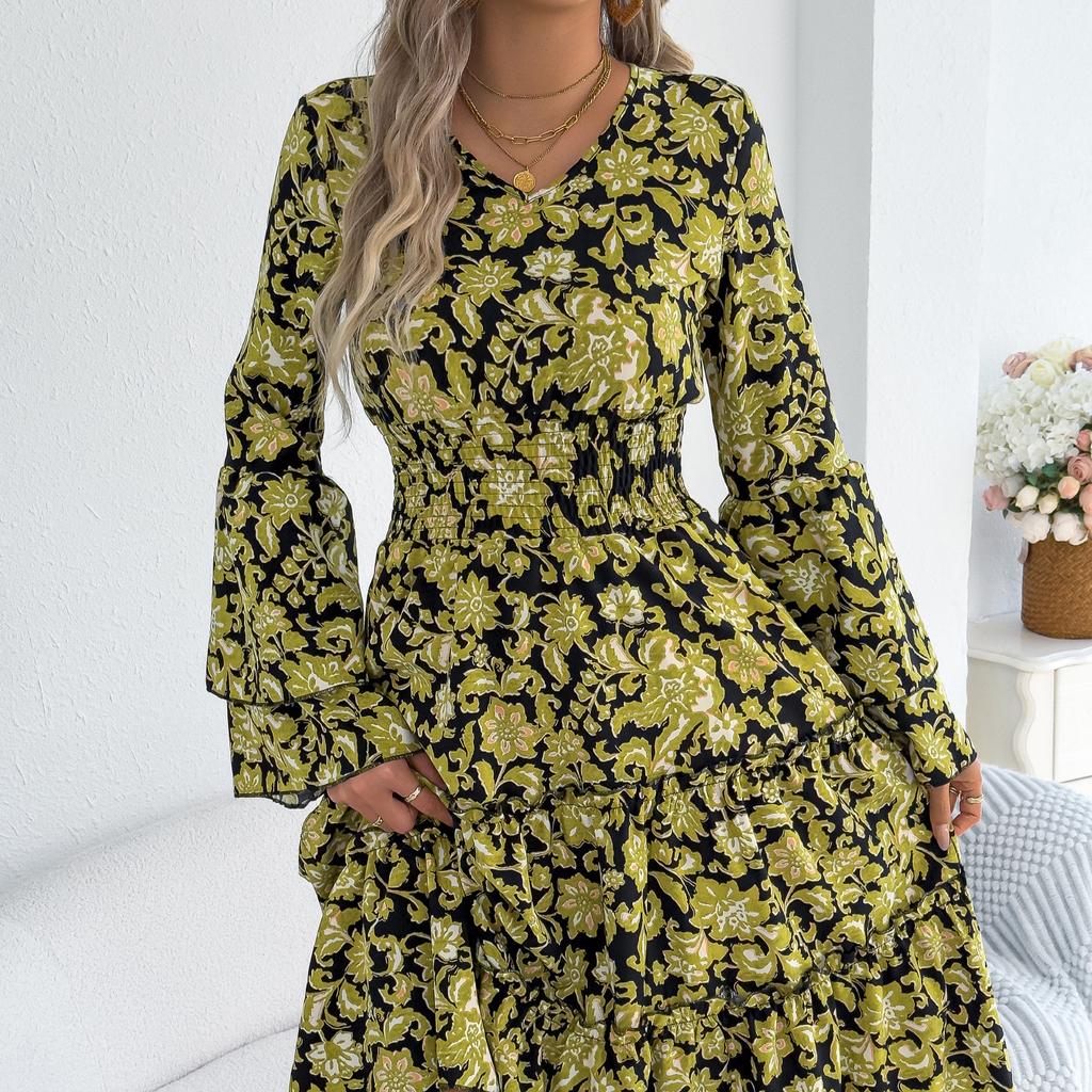 Frühlings- und Sommer-Retro-Kleid mit ausgestelltem Ärmel, Ohrring-Detail, Glocken-Taille, A-Linie für Damen