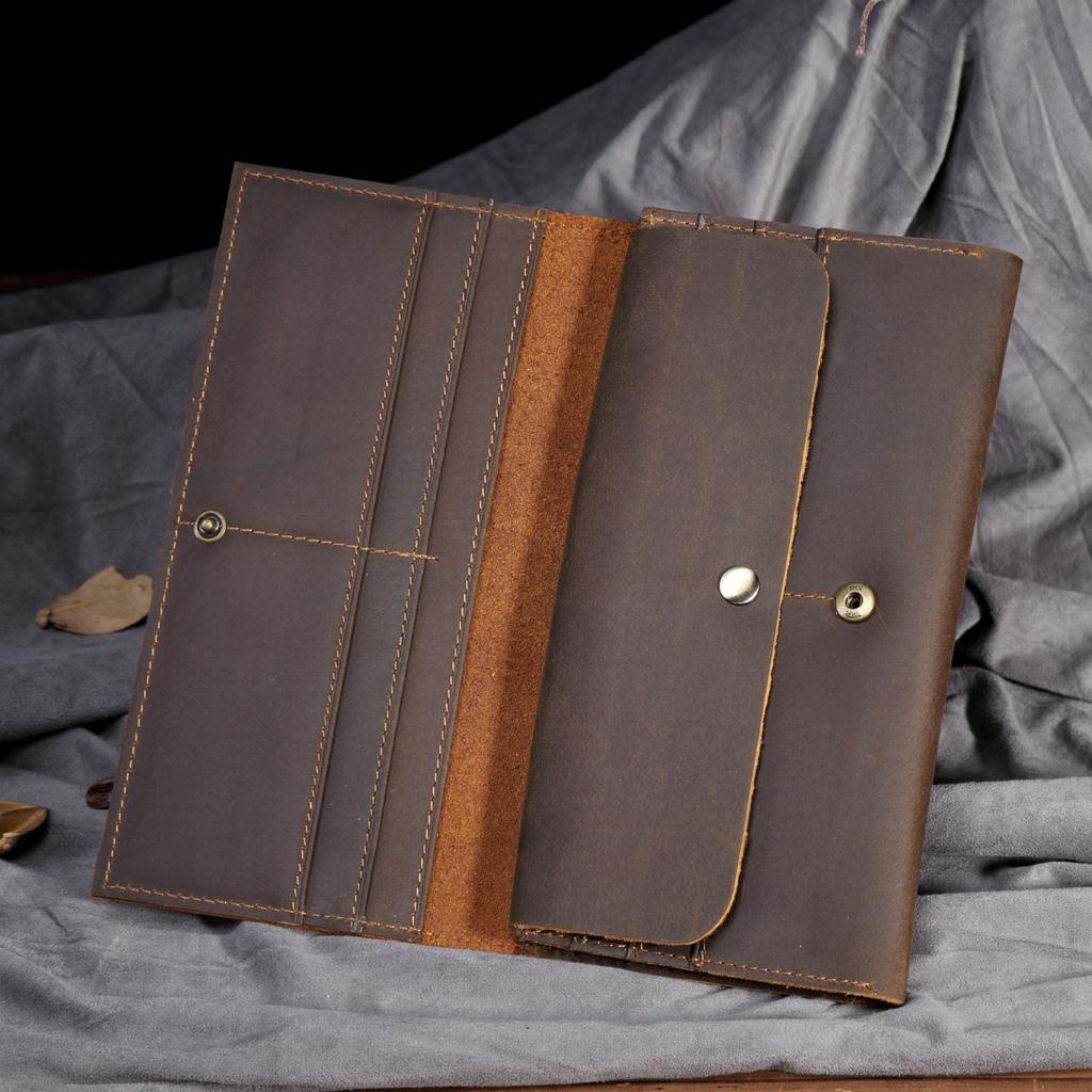 Men's and Women's Long Wallet, Wallet Clip Layer, Cowhide, Crazy Horse Leather Buckle