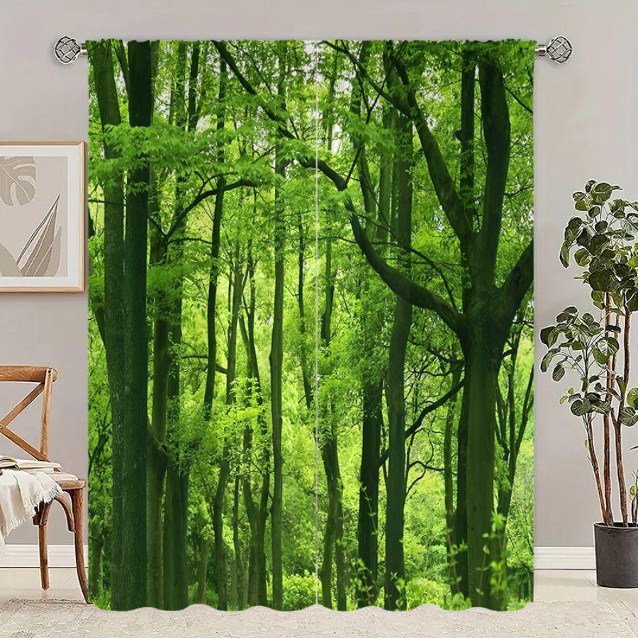 2pcs- Green simulated forest polyester curtains, pole bag curtains 42 * 84, bedroom, living room, family room decoration
