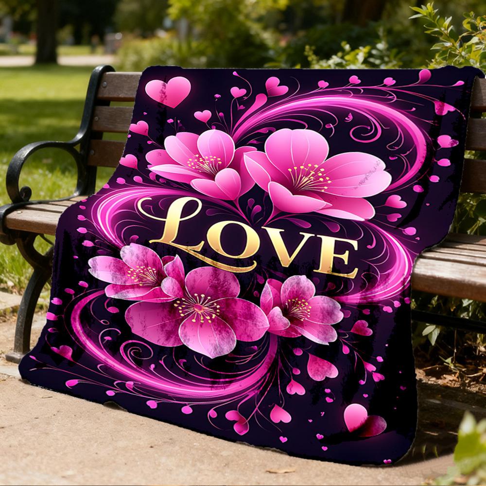 1pc Floral Love Decor Outdoor Flannel Blanket Soft All Season Polyester Throw , Perfect for Picnics & Travel , Picnic Accessory
