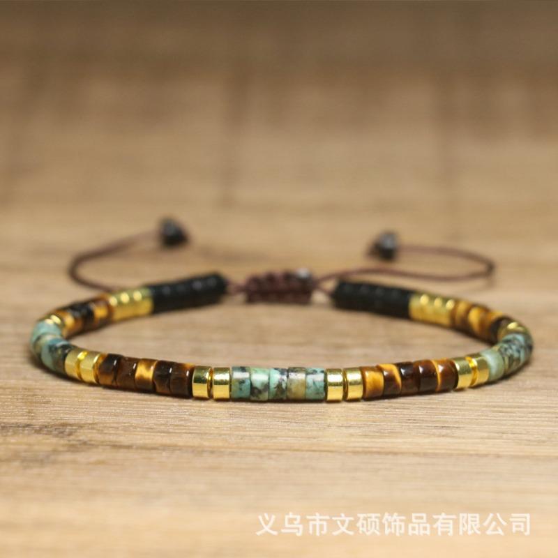 Tiger Eye Turquoise Tube Bead Bracelet – Gold Accent Adjustable Boho Jewelry, Courage Protection Gift for Men & Women