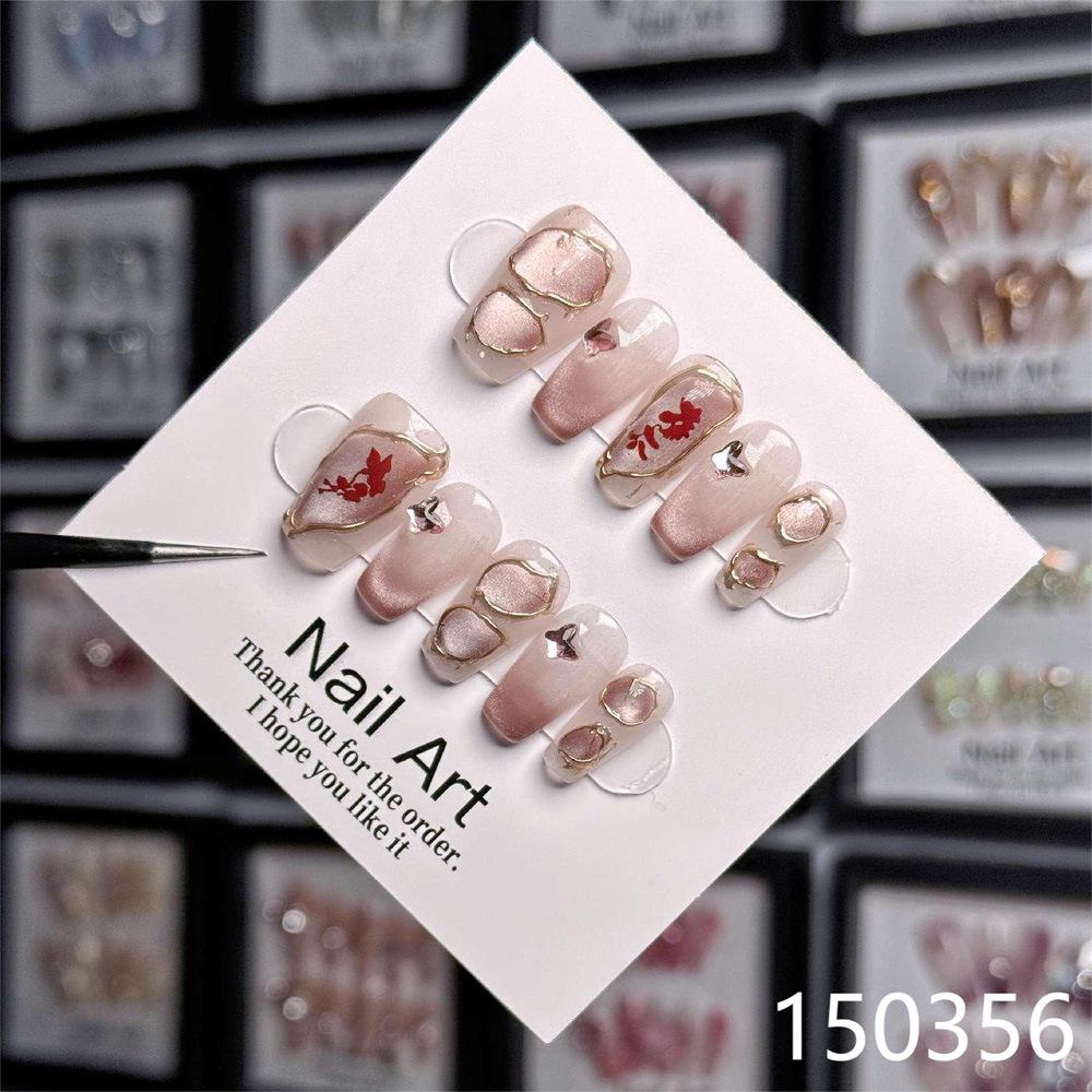 Fallen Flower Nails: Pure Handmade Nail Art with Golden Silk Leaves and Cat's Eye Effect for Whiter, Longer-Looking Hands