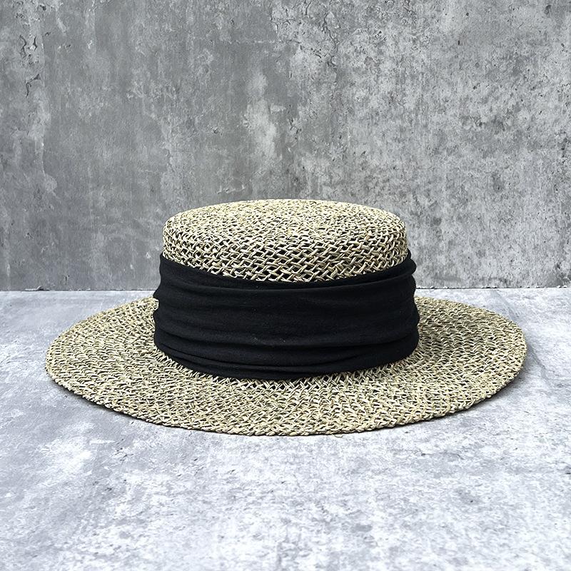French Retro Salted Seaweed Hollow Woven Large Brim Flat Top Top Hat Men'S And Women'S Summer Outing Shading Straw Hat