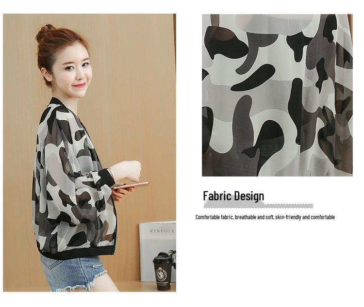 Women's Camouflage Chiffon Batwing Jacket - Long Sleeve, Loose Fit, Sun Protection