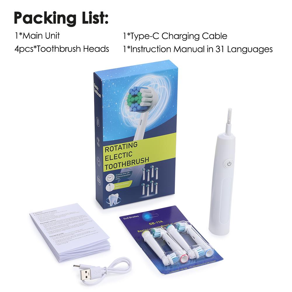 Rotating Electric Toothbrush with 4 Brush Heads with 5 Cleaning Modes Clean Teeth Battery Powered Rechargeable Toothbrush