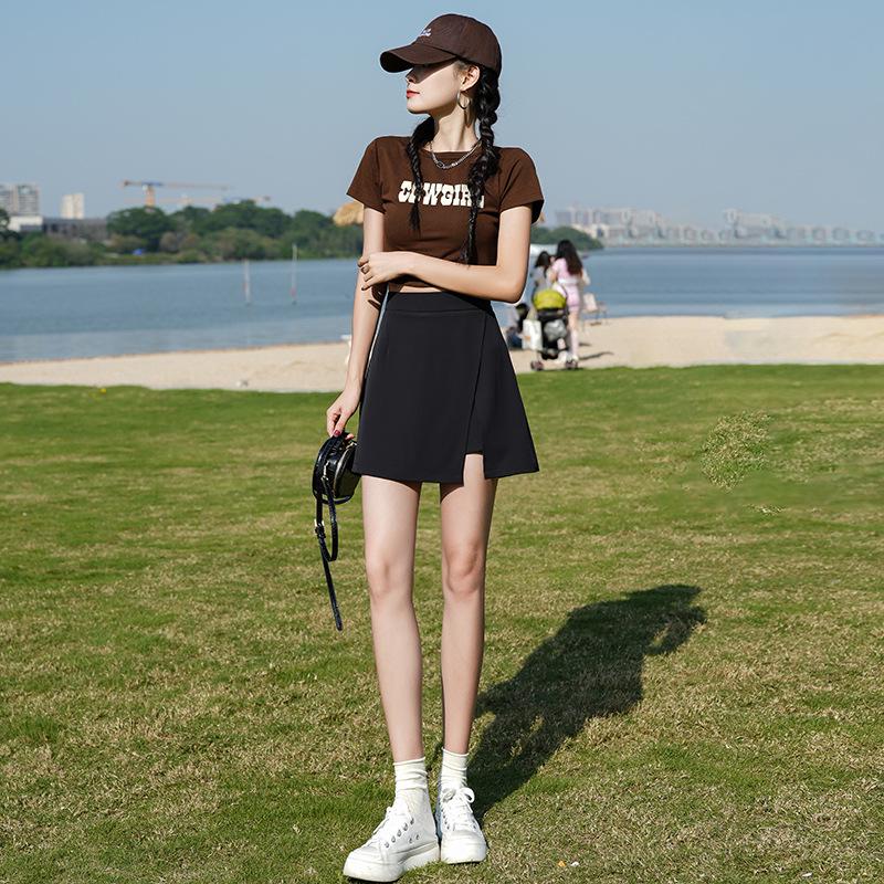 Plus Size High Waist Black Midi Skirt with Irregular Sexy Slit