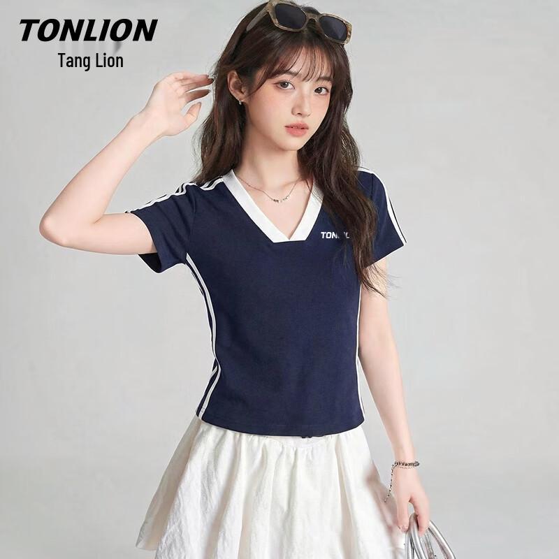 

Женская облегающая футболка TonLion с V-образным вырезом и цветовыми блоками XL