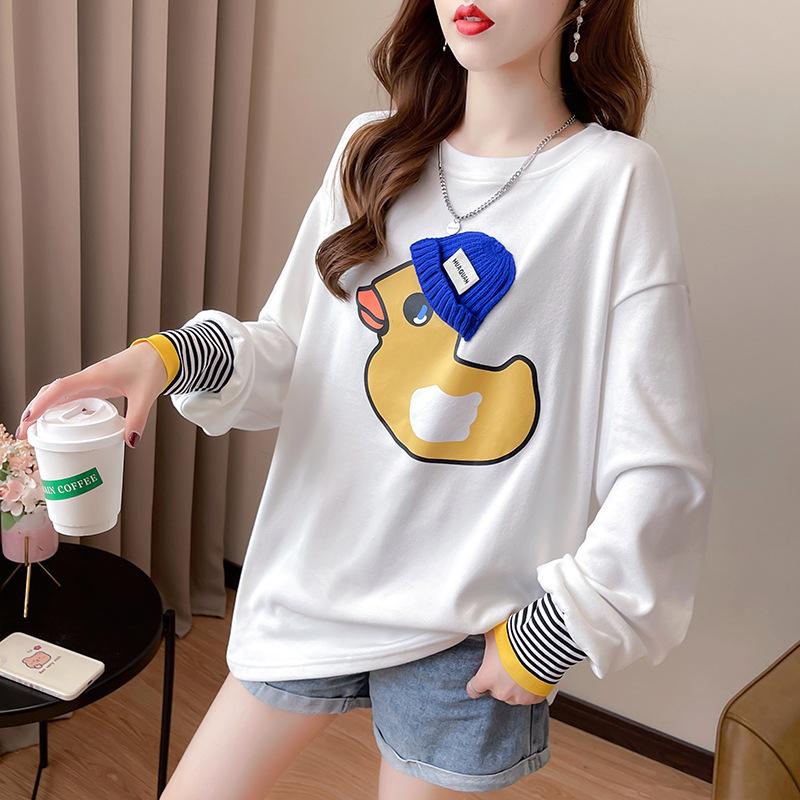 Spring Autumn O Neck Fashion Printing Striped Patchwork T-shirt Women Long Sleeve Loose Casual Bottomed Tee Top