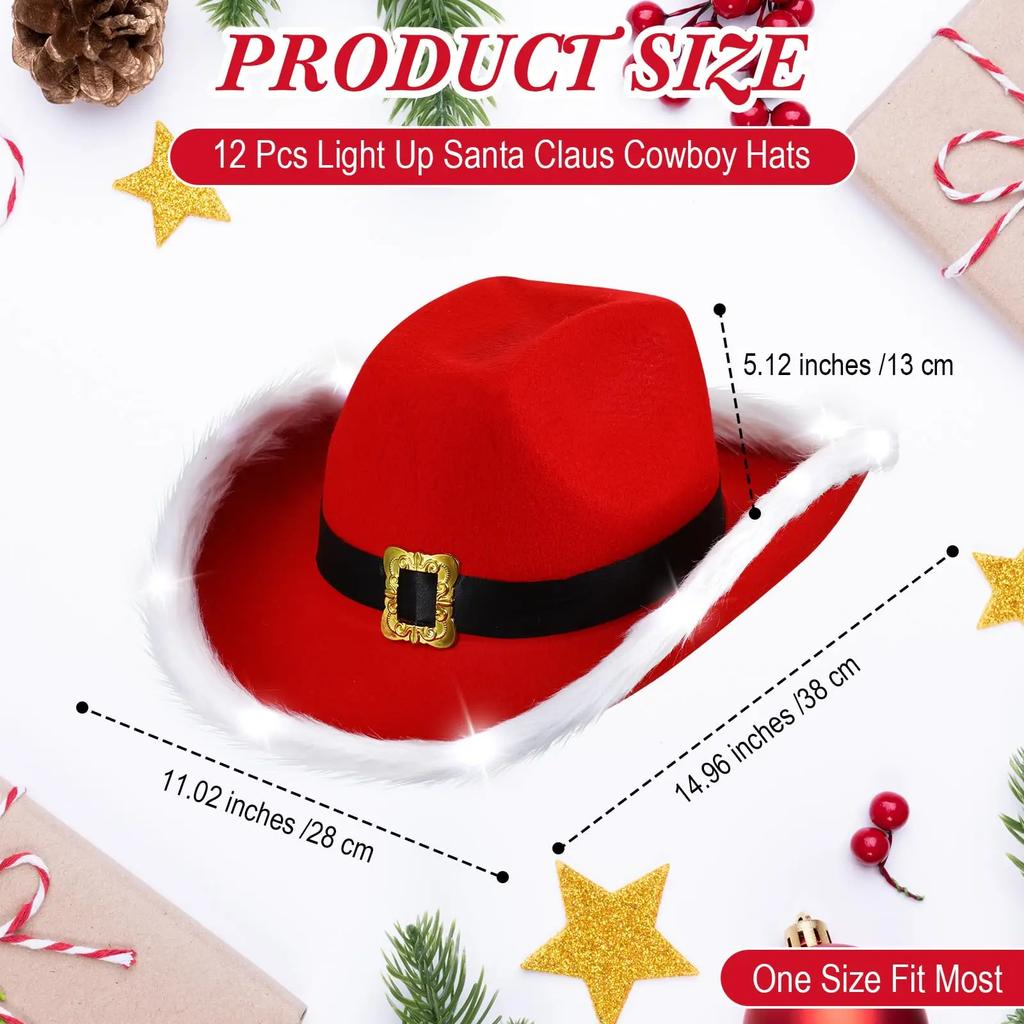Fluffy Santa Claus Party Christmas Luminous Cowboy Hat Western Red Felt Hats Wide Brim Cowgirl Hat Jazz Hat for Women Men