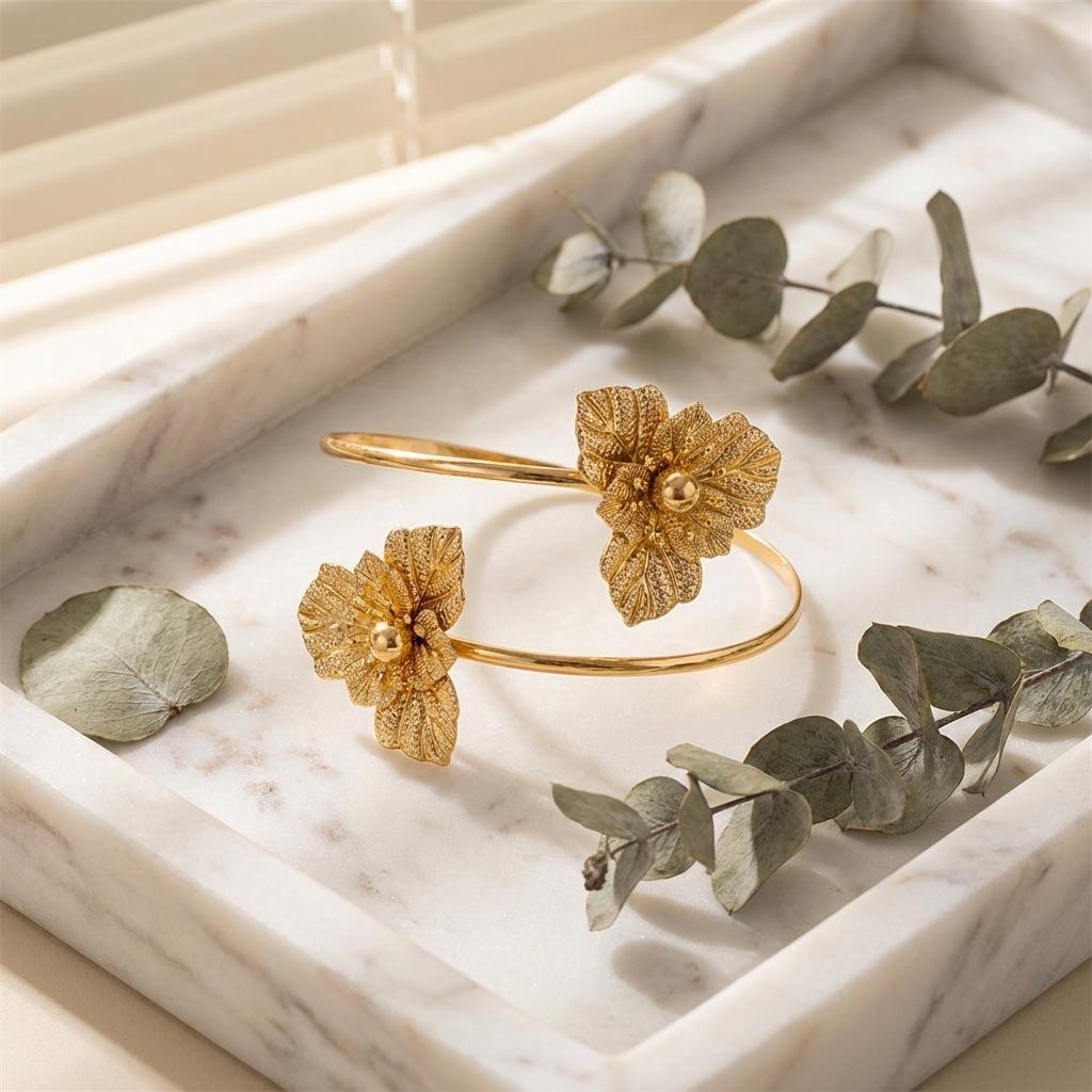 Fashion Gold Color Metal Flower Cuff Bracelet for Women Elegant Butterfly Leaves Adjustable Bangles Female Wedding Party Jewelry