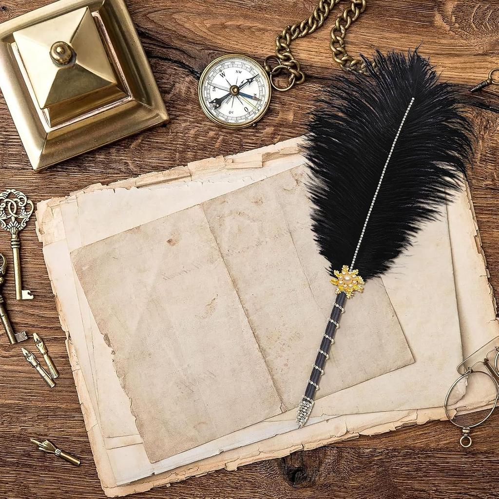 CROWN GUIDE Crystal Ostrich Feather Pen Quills for Wedding Guest Book Signing Nikkah 1920s Great Gatsby Reception Accessories Bridal Shower Party