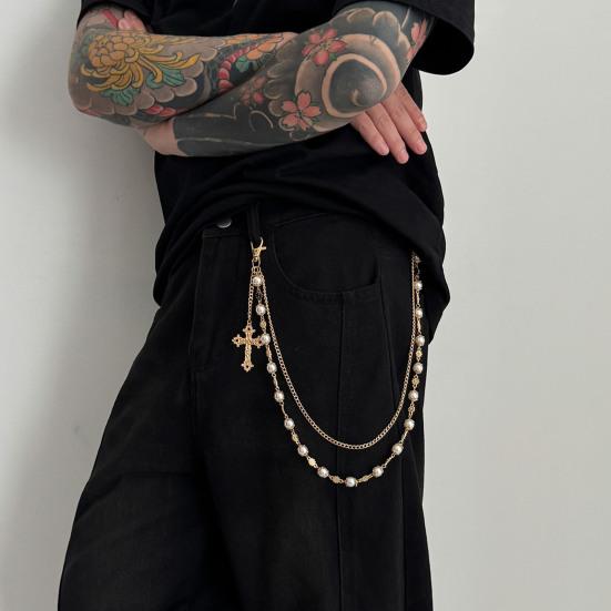 Pants Chain Faux Pearls Metal Flower Decor Wallet Chain Multi-layered