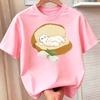 Children Crew Neck Short Sleeve T-Shirt with Cartoon Cat Sleeping In Bread Print
