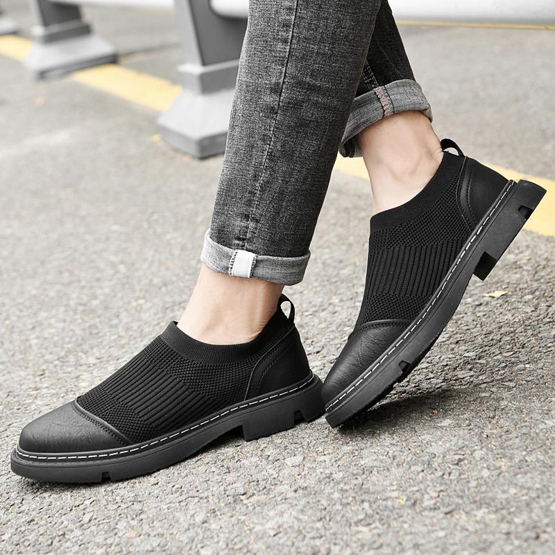Fashion Fashion Thick Bottom Leather Loafers Shoe Brand Handmade Men Quality Woven Mesh Shoes Breathable Social Masculino Business Shoes