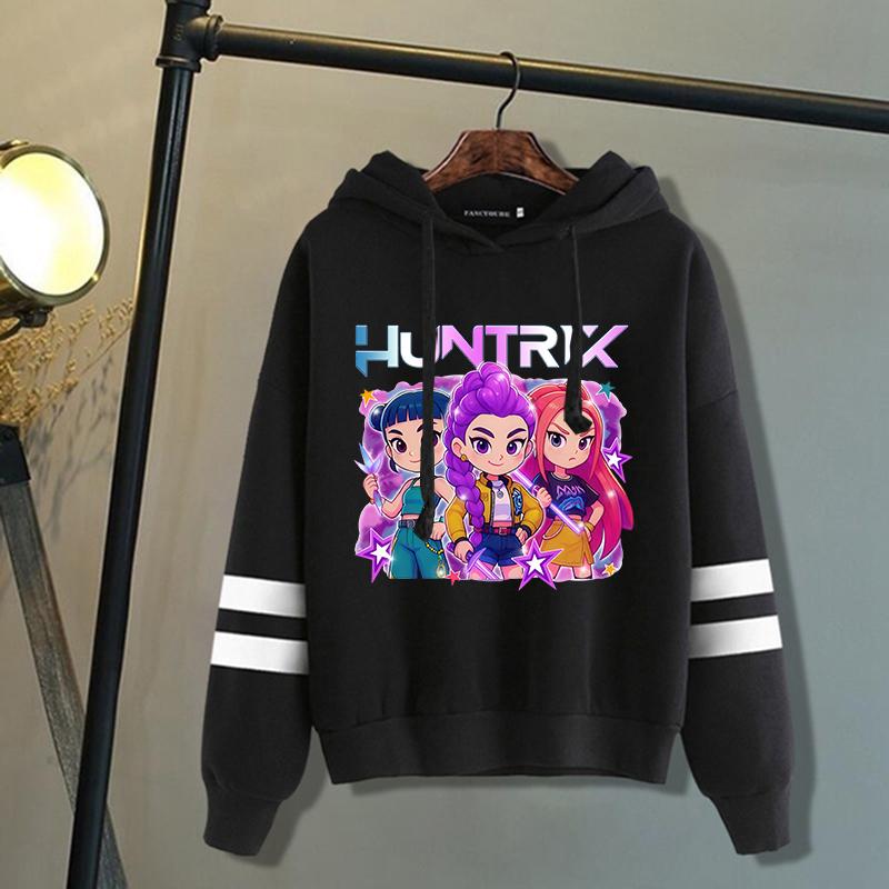

Новые милые худи с принтом K-pop Demon Hunters, свободная толстовка, женская, мужская, личность, мода, полоска, длинный рукав, повседневные топы 4XL чёрный