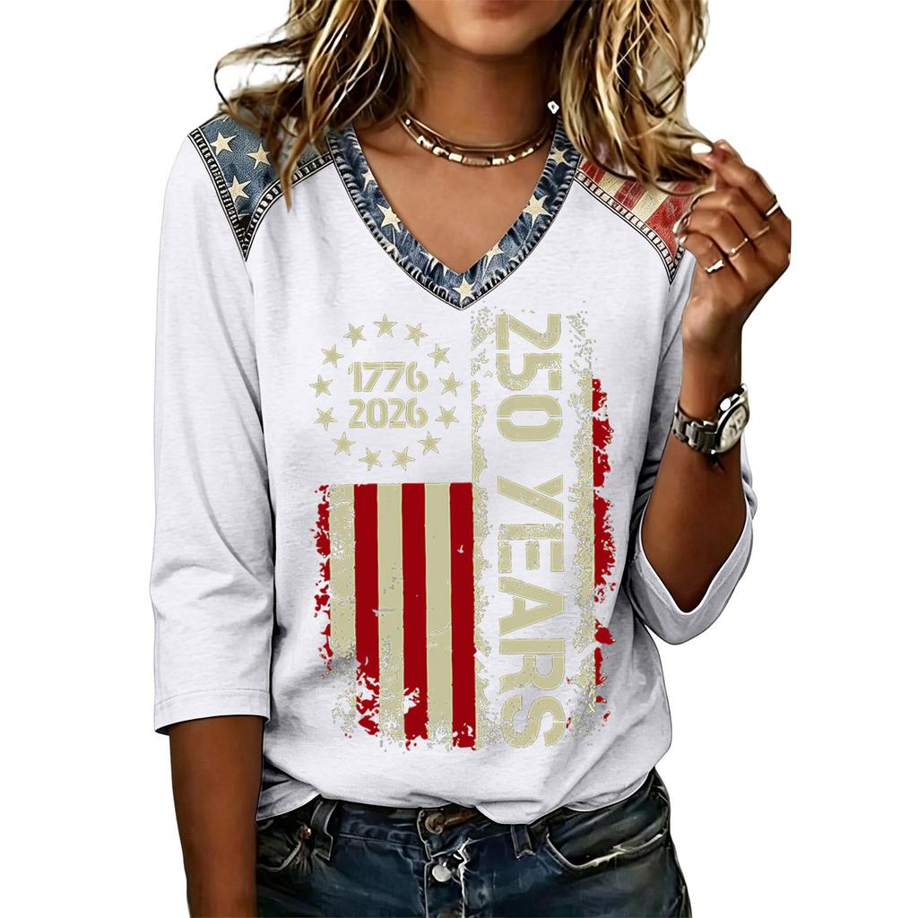 Womens Casual V Neck Top 250 Years 1776 2026 Printed Loose Fit Shirt Half Sleeve Patriotic Graphic Tee Comfortable Pullover