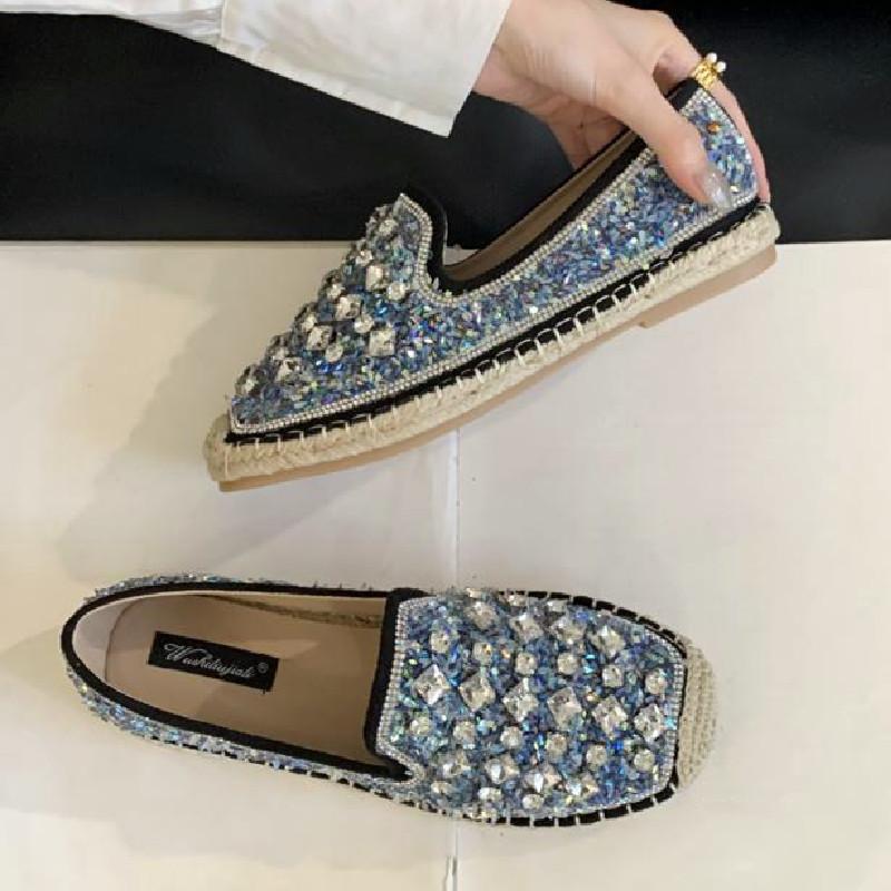 Fashion High Quality Handmade Woven Flats Women Luxury Bling Rhinestone Decoration Brand Designer Shoes Comfortable Non-slip Casual Shoe