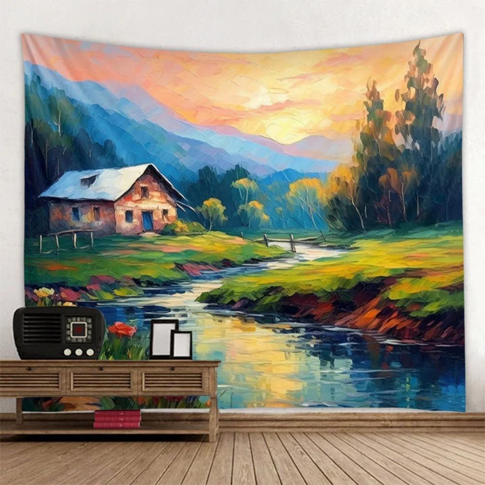 Home Decor Forest Stream Water Wall Hanging Landscape Oil Painting Tapestry Bohemian Art Living Room Bedroom