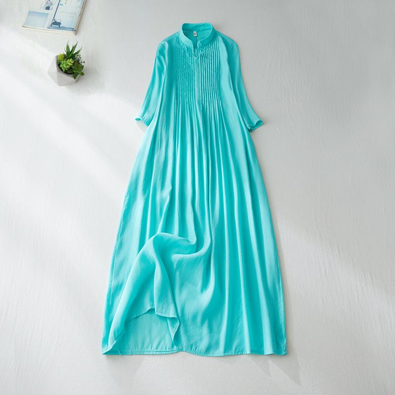 

Платье из хлопка и льна с плиссировкой, однотонное, женское, осеннее, новое, свободное и тонкое, с небольшим воротником-стойкой, рукавом семь четвертей, элегантное длинное платье XL зелёный