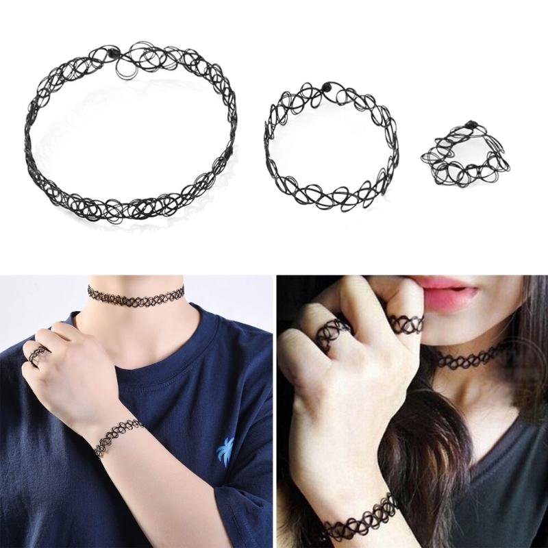 3Pcs Tattoos Necklace Set Elastic Stretch Necklace Bracelet Ring Tattoos Choker Women Girls Vintage Tattoos Jewelry
