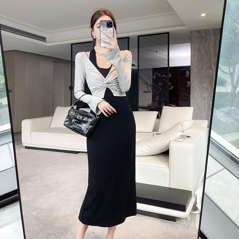 

Korean wear a complete set of autumn ballet style pure desire kink two-piece neck long-sleeved dress XL чорний