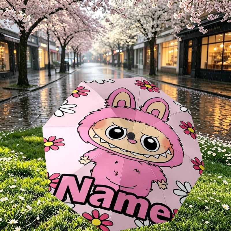 Custom Name Personalized Labubu Print Umbrella, Auto Open Close, 8‑Rib Sturdy Frame, Commute Camping Hiking Use, Birthday Gift