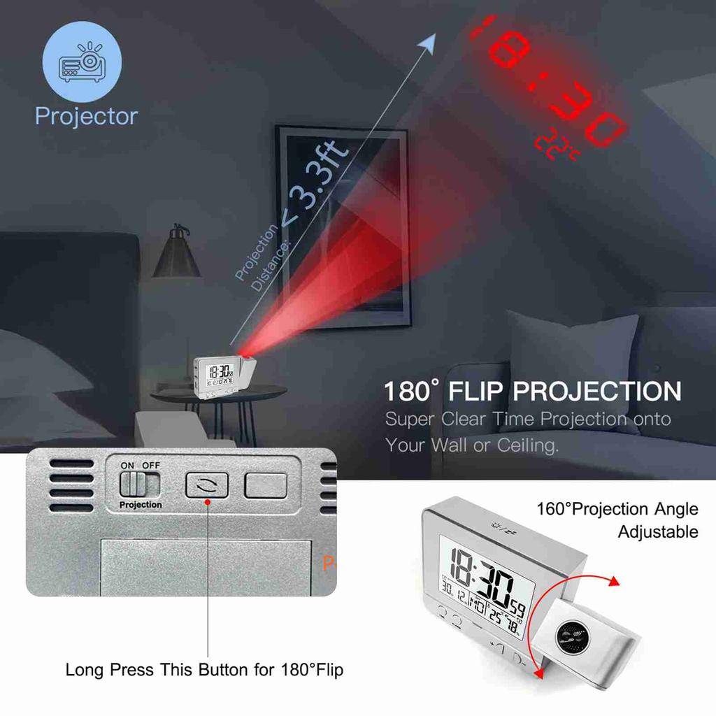 Projection Alarm Clock for Bedroom with Thermometer Hygrometer Digital Project Ceiling Clock Dimmable LED Display 180°Rotable