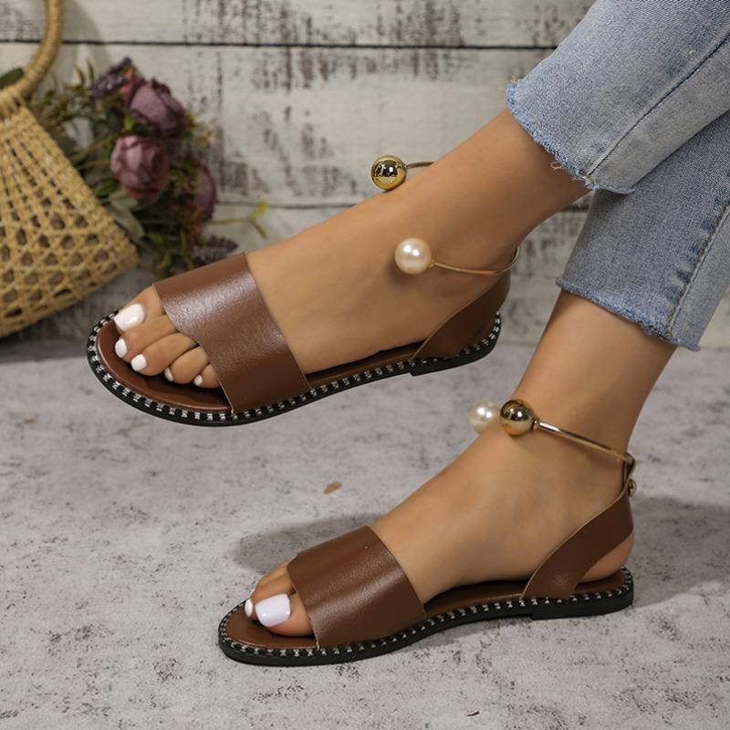 

2 Summer new flat-bottomed pearl fish mouth comfortable large size lazy beach sandals women 43 коричневий